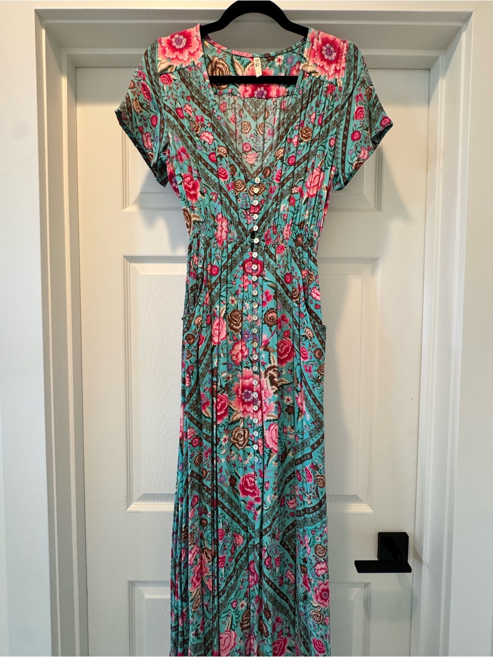 Spell Teal Maxi Dress with Pink Floral Print
